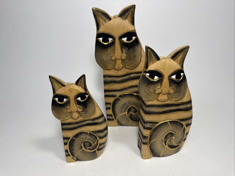 Set of 3 Laurel Burch Style Folk Art Small Wood Cat Figurines #6